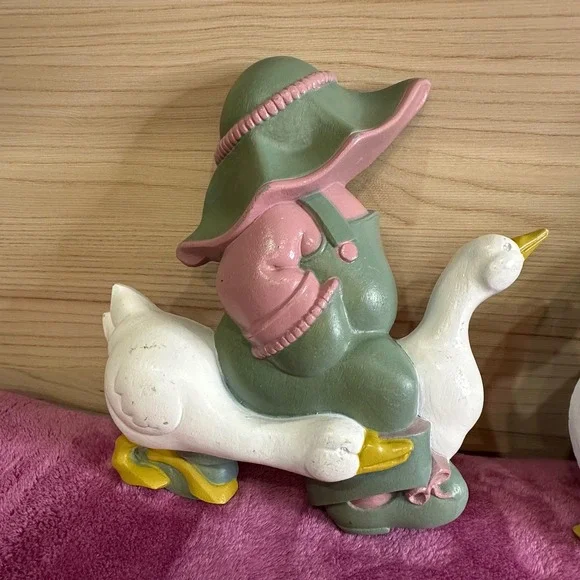Vintage Wall Decor Boy Girl Riding Geese Figurines Pink Green Yellow Set - Picture 3 of 9